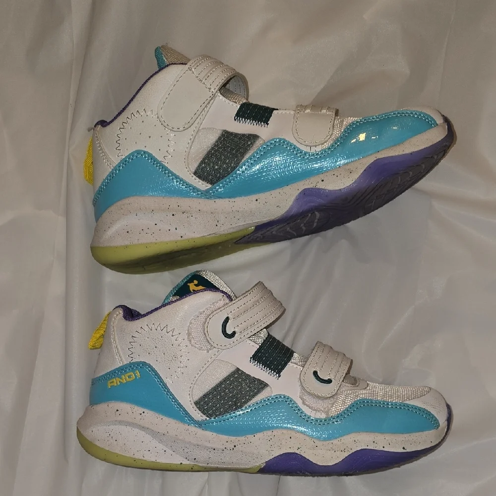 AND1 Boys Velcro White, Teal, Yellow, Purple Basketball Sneakers Size 6